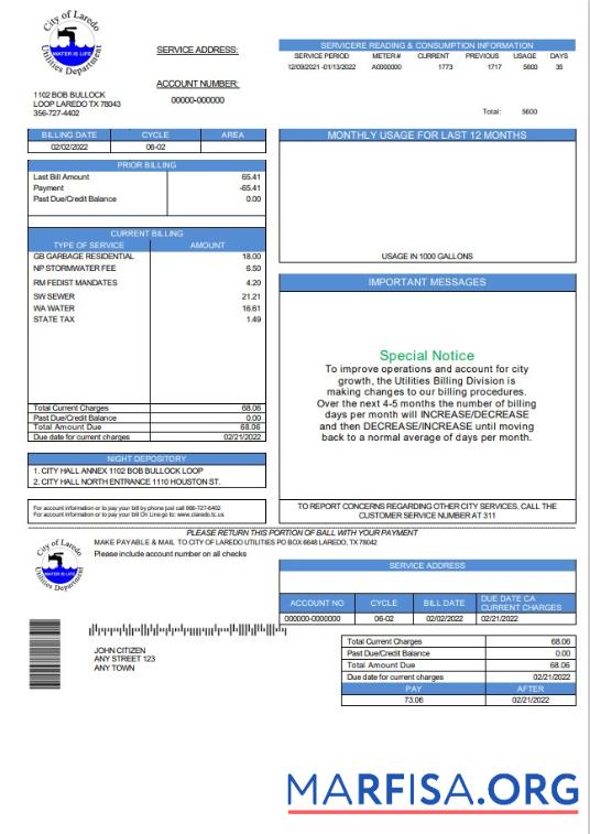 Downloadable USA Texas City of Laredo Utilities Department water utility bill template in Word and PDF format